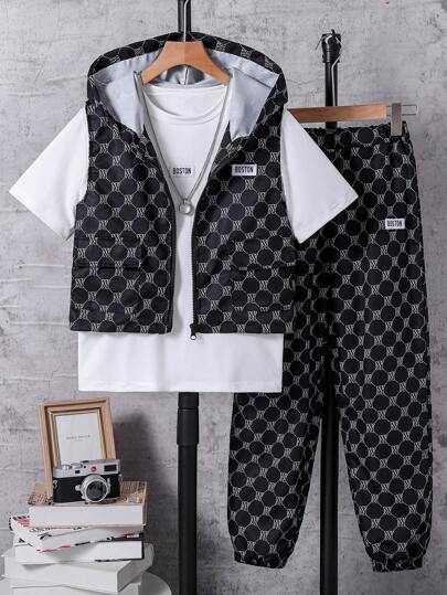 3 st Casual set för tonårspojkar: svart väst, ren vit t-shirt, svarta byxor