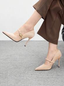 CUCCOO BIZCHIC Women's Fashion Elegant Simple Solid Color Pointed Toe Backless High Heel Pumps - Apricot - View 5