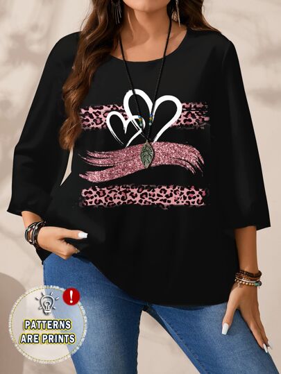 EMERY ROSE Blusa suelta de manga 3/4 de cuello redondo con estampado completo para mujer talla grande, para primavera/otoño