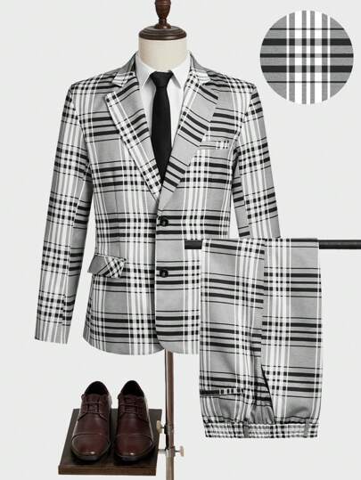 Manfinity Mode Men's Plaid Blazer & Trousers Set,Men's Solid Color Suit Set With Shirt And Pants, Minimalist Style For Casual Daily Wear, Men's Solid Color Long Sleeve Single-Breasted Business Casual Suit Jacket And Pants Set, Beautiful INS Versatile Item,A Vintage Checkered Suit Features A Classic Plaid Pattern, Tailored Blazer, And Matching Trousers, Exuding Timeless Sophistication And Retro Charm. Two Pieces Outfit Men Men Outfits 2 Pieces Men 2 Pieces Outfits Casual Suits For Men Plaid Suit Men