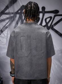 SWAVVY 男士宽松针织短袖T恤，带空气层绒面革，夏季，街头潮流 - 深灰色 - 查看 4