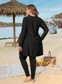 Swim Mulvari 3pcs Plus Size Solid Color Burkini Set For Beach And Vacation For Summer - Black - View 2