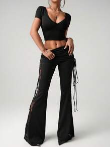 SHEIN ICON Pantalones seductores con cordón en la cintura, volantes y paneles de encaje negro para la playa o resort