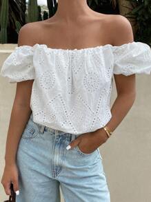 Livesso Áo kiểu croptop tay ngắn trễ vai màu trơn thanh lịch dành cho nữ, thích hợp cho kỳ nghỉ hè, du lịch hoặc đi nghỉ mát. - trắng - Xem 5