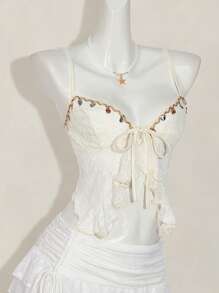 SHEIN ICON Textured Jacquard Fabric Slit Hem Bohemian Style Camisole - Beige - View 10