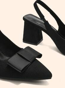 CUCCOO BASICS Women's Fashion Black Fabric Bow Pointy Toe Block Heel Pumps For Christmas - Black - View 4