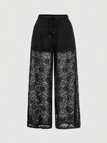 SHEIN MOD Plus Size Black Romantic Elegant Lace Jacquard Wide Leg Pants, Casual Vacation Trousers. . Pants Outfits For Women Boho Pants