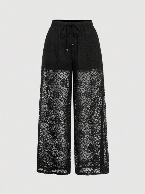 SHEIN MOD Pantalon ample noir romantique et élégant en jacquard de dentelle, pantalon casual pour vacances