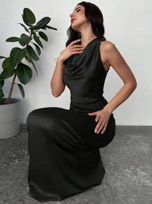 Firerie 2 件女式缎面高领系带衬衫和褶皱长裙套装，适合情人节、音乐会、演出、约会、宴会、婚礼、性感、优雅、通勤、返校、度假、海滩、浪漫 - 黑色 - 查看 3