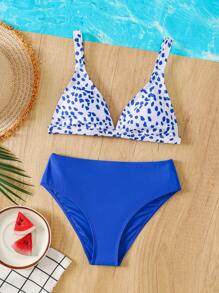 SHEIN Tween Girls Summer Beach Vacation Matching Print Swimsuit Set, Cute Casual Outfit Suitable For Beach Holiday