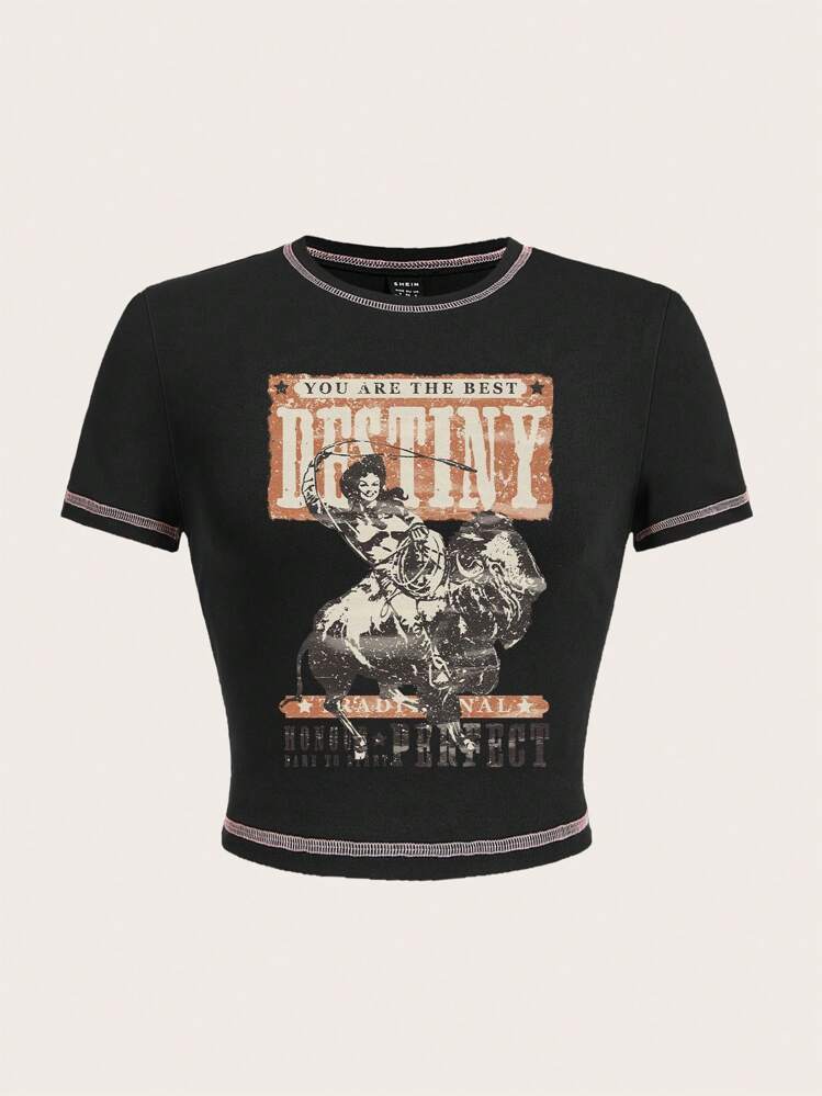 SHEIN EZwear Camiseta corta de mujer de manga corta, cuello redondo, ajustada, con gráfico de texto en estilo western vaquero, adecuada para el verano