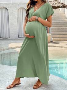 SHEIN Maternity Vacation Casual Solid Color Side Slit Dress Green - Green - View 3