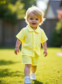 SHEIN Effen poloshirt met kraag en korte broek voor jonge jongens, set van 2 stuks, zomer