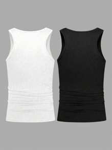 Manfinity Homme 2 Packs Men's Solid Color Round Neck Casual Versatile Tank Top - Multicolor - View 2
