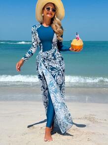 Swim Mulvari 3 件套春季 Mulvari Burkini 泳装套装：优雅拼布单袖印花上衣、纯色单袖、纯色裤子和热带印花超长沙滩裙 - 彩色 - 查看 1