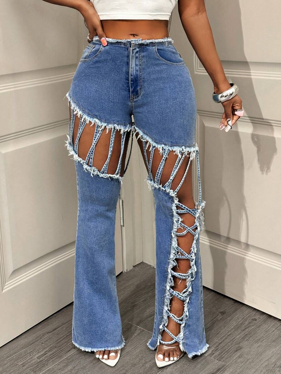 BamGleam 女士蓝色牛仔喇叭牛仔裤，新款时尚独特设计镂空修身休闲裤夏季 - 藍色 - 查看 1