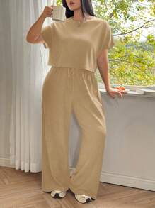 Solflare 大码纯色圆领短袖上衣和长裤休闲度假凉爽感两件套，夏季/春季女装，春假 - 卡其色 - 查看 3