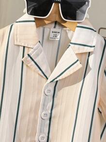 Set de 2 piezas de camisa de manga corta con cuello a rayas y pantalones cortos casuales para vacaciones para bebés niños, adecuado para ropa de verano de niño - Albaricoque - Ver 5