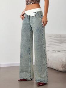SHEIN Tall Women's Low Rise Wide Leg Blue Jeans,Baggy Denim Pants,Blue And White Stripe,Summer,Street Wear Y2k,City Break,Casual Palazzo Flowy Straight Fit Tall - Medium Wash - View 4