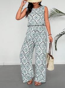 SHEIN LUNE 春夏假日无袖印花松紧腰连体裤 - 彩色 - 查看 1