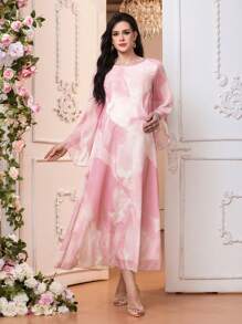 SHEIN Đầm bầu cổ tròn in họa tiết toàn thân thanh lịch tay dài cho bà bầu - Hồng - Xem 3