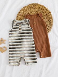 2 Packs Newborn Baby Girl & Boy Waffle Knit Solid & Striped Rompers, Comfortable & Casual Basics Suitable For All Occasions In Summer, Easy On/Off - Multicolor - View 1