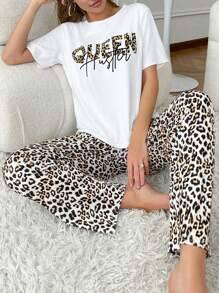 SHEIN Conjunto de pijama casual de pantalones y manga corta con estampado de leopardo y letra para mujer