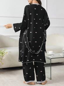 Moonlight&Mama 3pcs Maternity Sleepwear Set With Romantic Bubble & Cherry Blossom Print, Cozy And Elegant Details, Clothes, Fall & Winter - Black - View 2