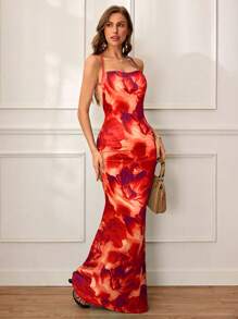 SHEIN VCAY Women's Elegant Floral Print Backless Halter Dress, For Summer Vacation, Women Summer Clothing