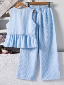 SHEIN 2 Stücke Set für Tween Mädchen: Ärmelloses gestreiftes Hemd mit Schleifenknopf und verlängerte Hose