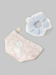 ROMWE Kawaii 2pcs/Set Cute Lace Edge Cat & Bow Pattern Mini Coin Purse Makeup Bag With Hair Tie - Multicolor - View 6