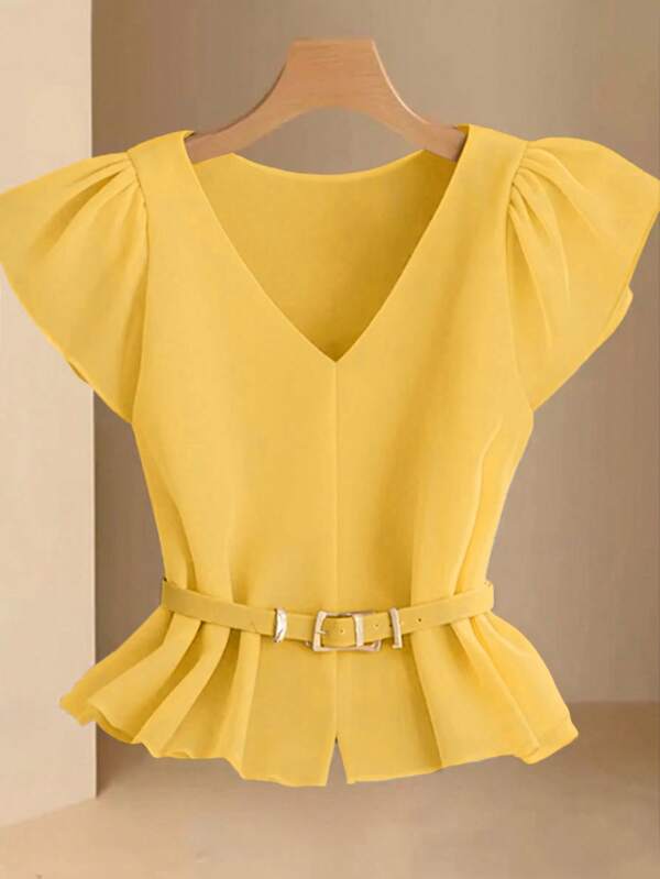 Franclia Blusa minimalista y elegante de escote en V color caqui para mujer