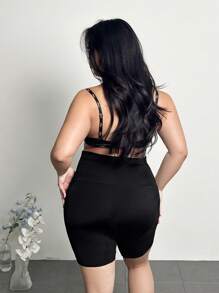 SHEIN Privé Plus Size Women Front Button Mesh Patchwork Short Leggings - Black - View 9