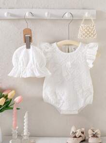 Souflis Souflis 女婴夏季蝴蝶结提花连体衣和遮阳帽套装，可爱公主风连体衣 - 白色 - 查看 1