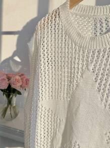 Comfortcana Plus Size White Knitted Sweater Vest: Semi-Sheer Short Sleeve Casual Top With Star Detail - White - View 4