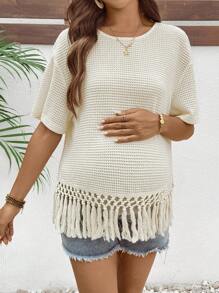 SHEIN Camiseta casual de embarazo holgada con dobladillo con flecos y cuello redondo de un solo color
