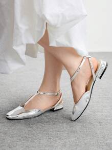 CUCCOO BIZCHIC Giày sandal đế bằng mũi vuông gót dày quai chữ T cho nữ, giày sandal hở mũi thời trang tối giản cho chuyến du lịch mùa hè, đa năng khi đi làm, phong cách cổ điển - Bạc - Xem 3