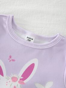 6 Pcs Baby & Baby Girl Rabbit & Flower Print Short Sleeve Top & Shorts Snug Fit Home Outfit Set - Multicolor - View 4