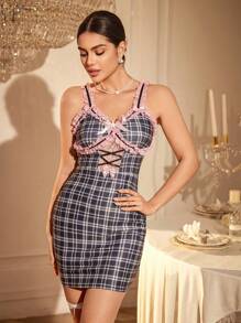 SHEIN Color-Blocking Lace Patchwork Plaid Print Fitted Camisole Nightgown - Multicolor - View 2