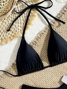 Costume da bagno set bikini da donna, a fascia, con lacci, colore unito, adatto per l'estate e la spiaggia