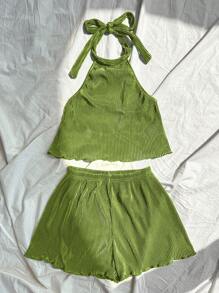 SHEIN Unity Women's 2pcs Solid Color Halter Top & Mini Skirt Set, Fashionable For Summer - Green - View 5