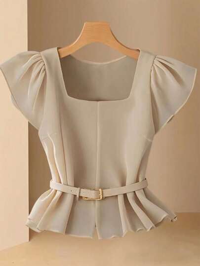 女式夏季优雅纯色飘逸盖袖衬衫