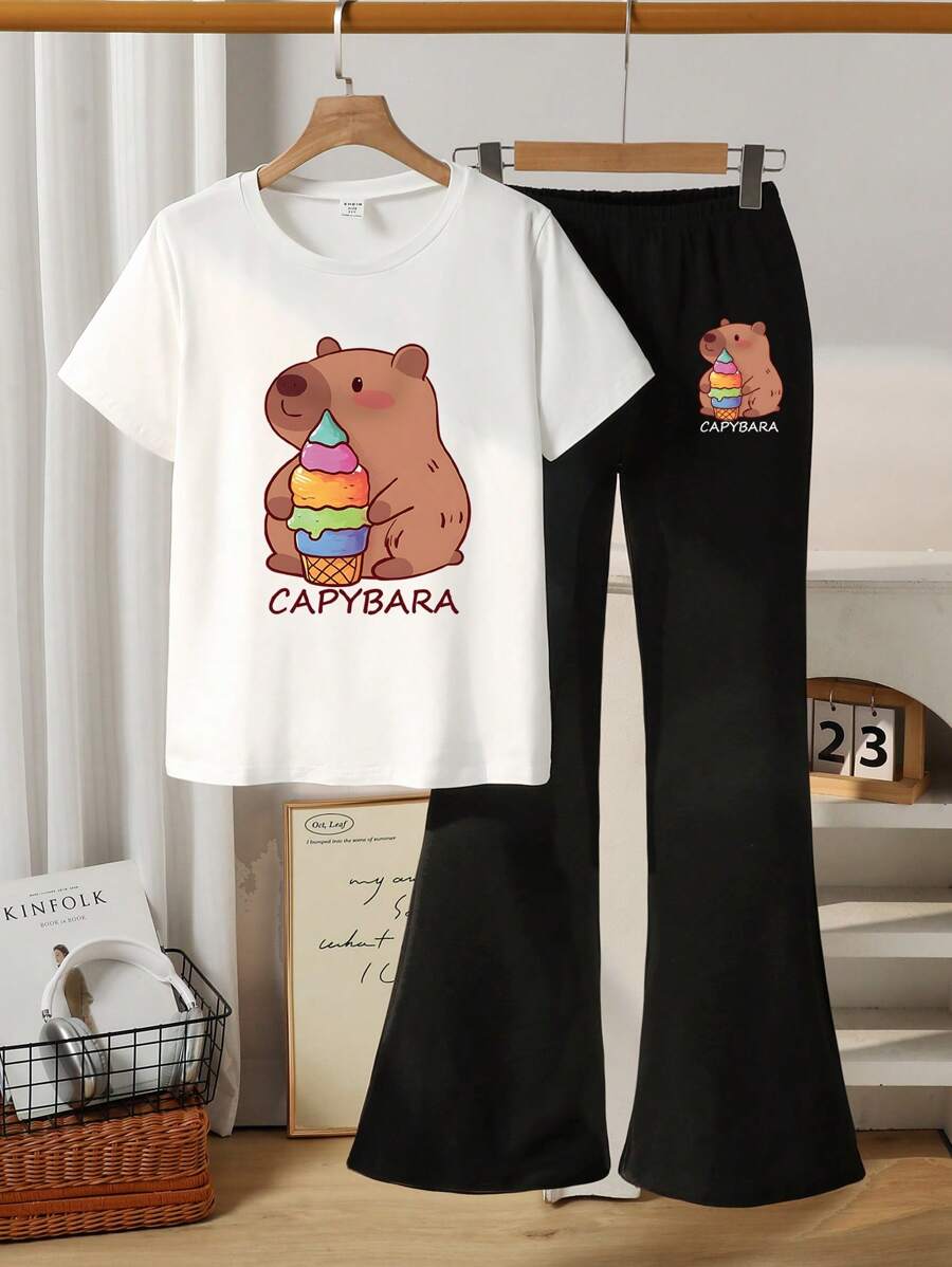 女童卡通字母印花圆领短袖 T 恤和喇叭裤两件套 - 彩色 - 查看 1