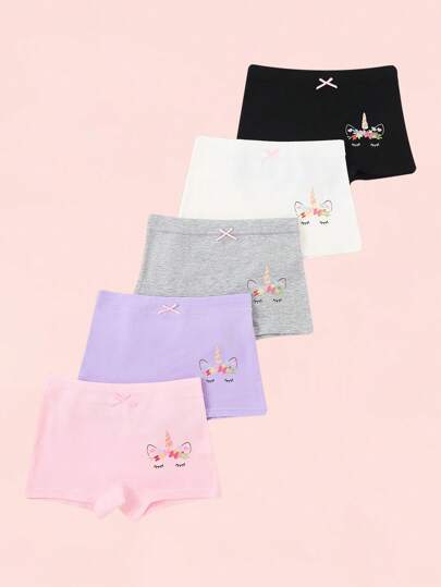 5pcs/Pack Young Girl' Cute Cartoon Cat Face & Macaron Color Printed Cotton Briefs, 4 Seasons