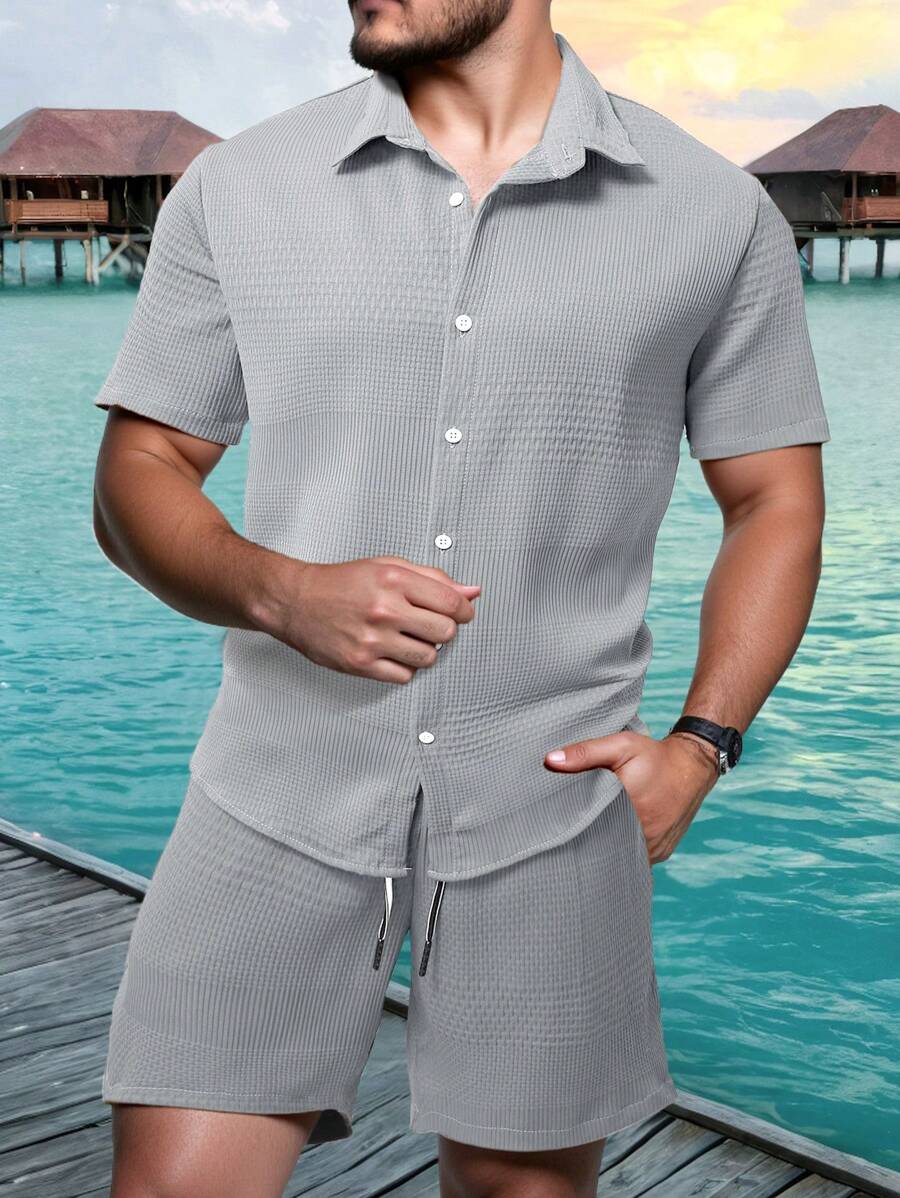 Manfinity Homme 2pcs Men's Summer Casual Solid Color Front Button Short Sleeve Shirt And Shorts Set - Grey - View 1