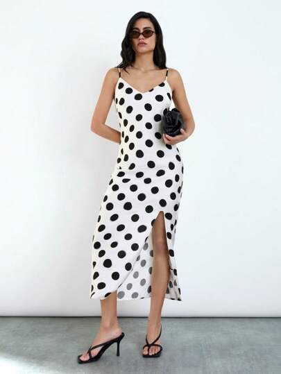 Maija 2015 夏季新款优雅商务休闲毕业早午餐婚礼宾客日常百搭白色复古波尔卡圆点可调节肩带 V 领侧高开叉中长连衣裙，适合工作、复活节、音乐节