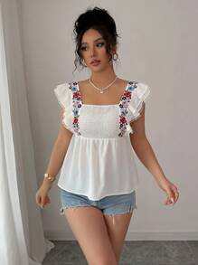 Elenzga 女士花卉印花披肩领双层盖袖衬衫 - 白色 - 查看 1