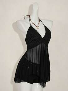 SHEIN ICON Women's Criss-Cross Halter Asymmetrical Mesh Patchwork Camisole,Rave Top - Black - View 6