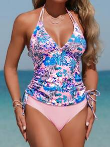 Swim Lushoire 2 pezzi/set Tankini da donna, scollo a V con bretelle regolabili, vita con coulisse, morbido e casual, comodo set da spiaggia e nuoto