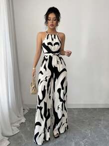 SHEIN PETITE Mono de ajuste de cintura con estampado de tela para mujer, uso elegante para vacaciones y diario